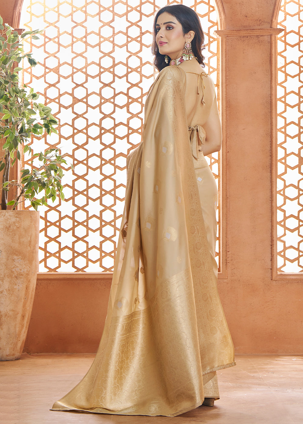 A stunning light brown Banarasi silk saree featuring intricate floral zari weaving