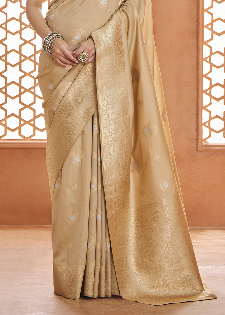 Light brown floral zari woven Banarasi silk saree with intricate designs