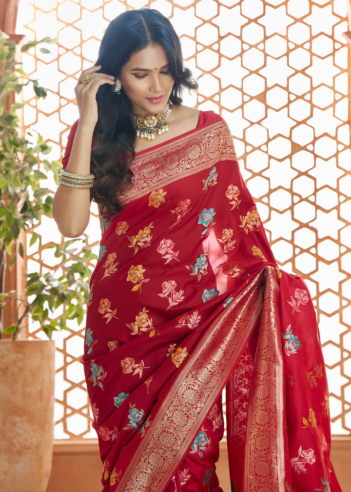 Lipstick Red Floral Zari Woven Banarasi Silk Saree