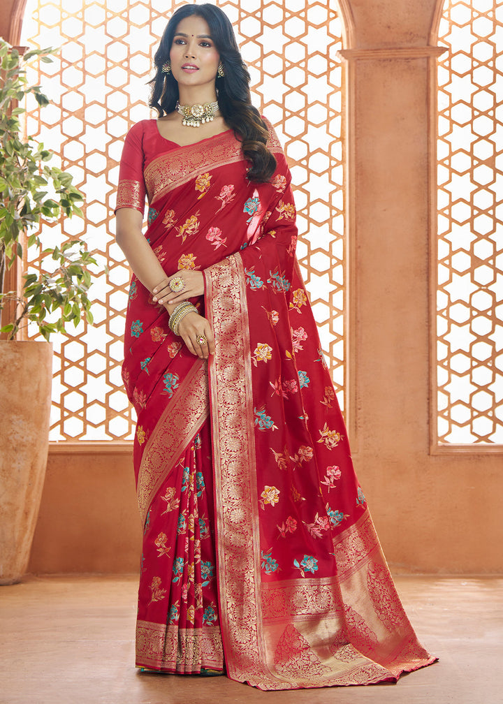 Lipstick Red Floral Zari Woven Banarasi Silk Saree