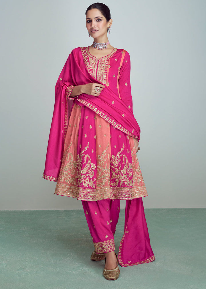 Shades Of Pink Embroidered Silk Salwar Suit By Qivii