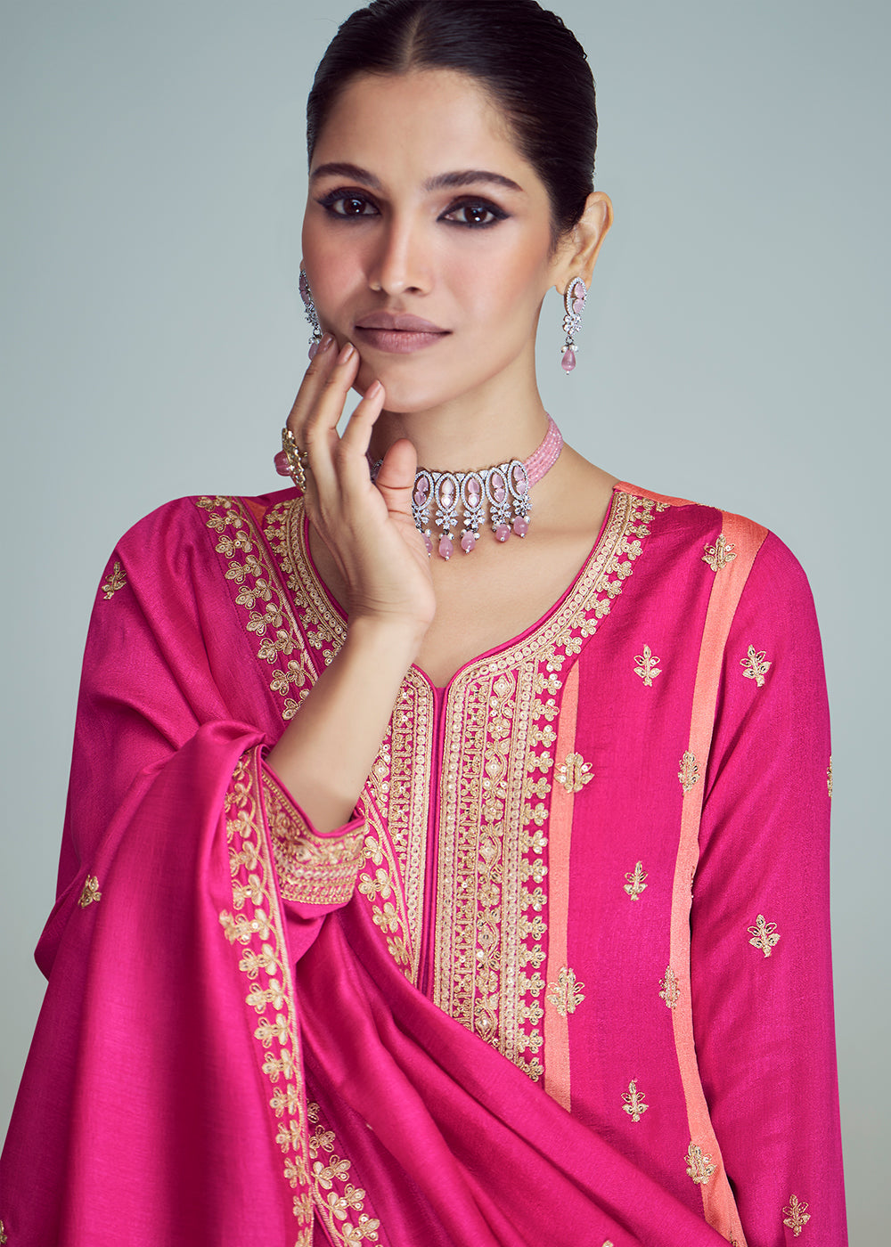 Shades Of Pink Embroidered Silk Salwar Suit : Top Pick