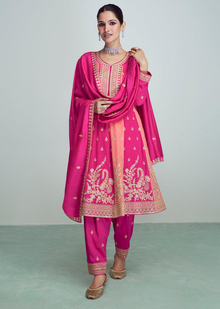 Shades Of Pink Embroidered Silk Salwar Suit By Qivii