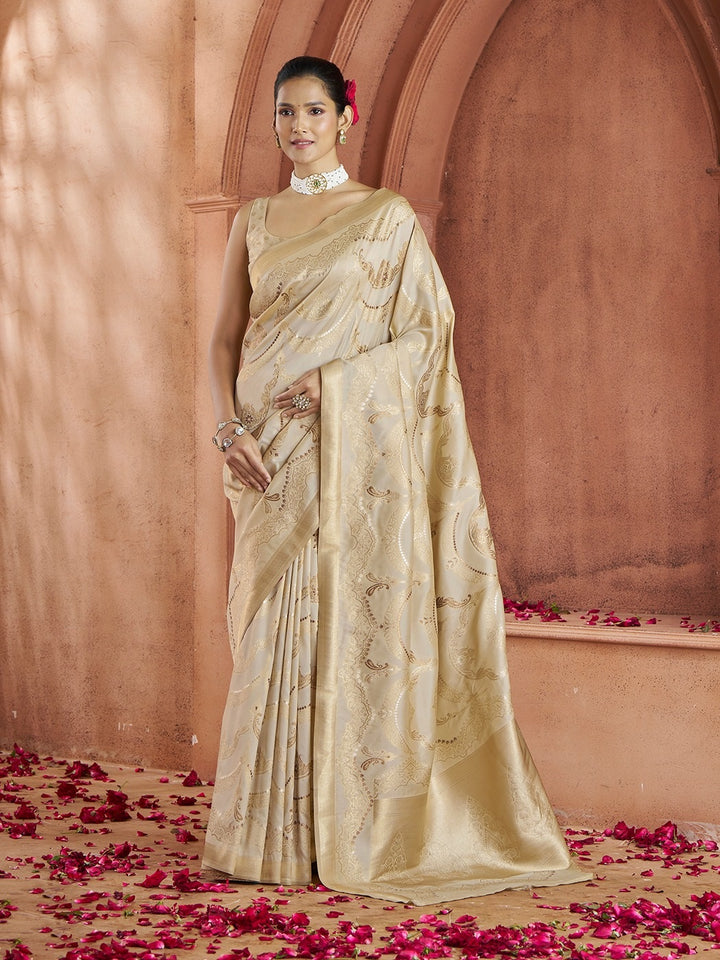 Golden Pure Banarasi Fabric With Weaving Work All Over Saree