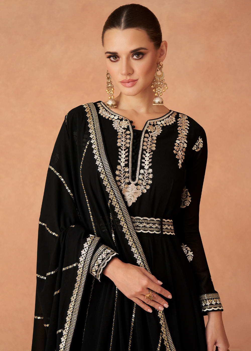 Midnight Black Designer Embroidered Georgette Anarkali Suit By Qivii