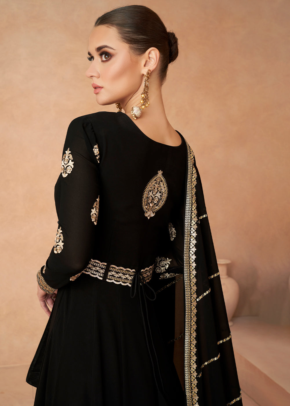 Midnight Black Designer Embroidered Georgette Anarkali Suit By Qivii