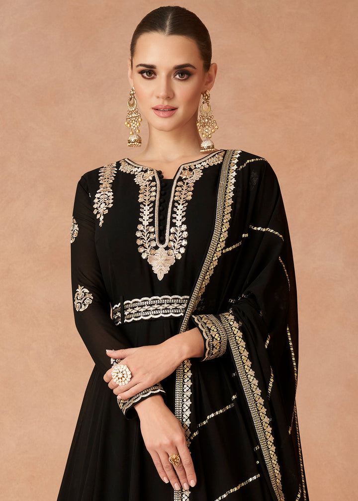 Midnight Black Designer Embroidered Georgette Anarkali Suit By Qivii