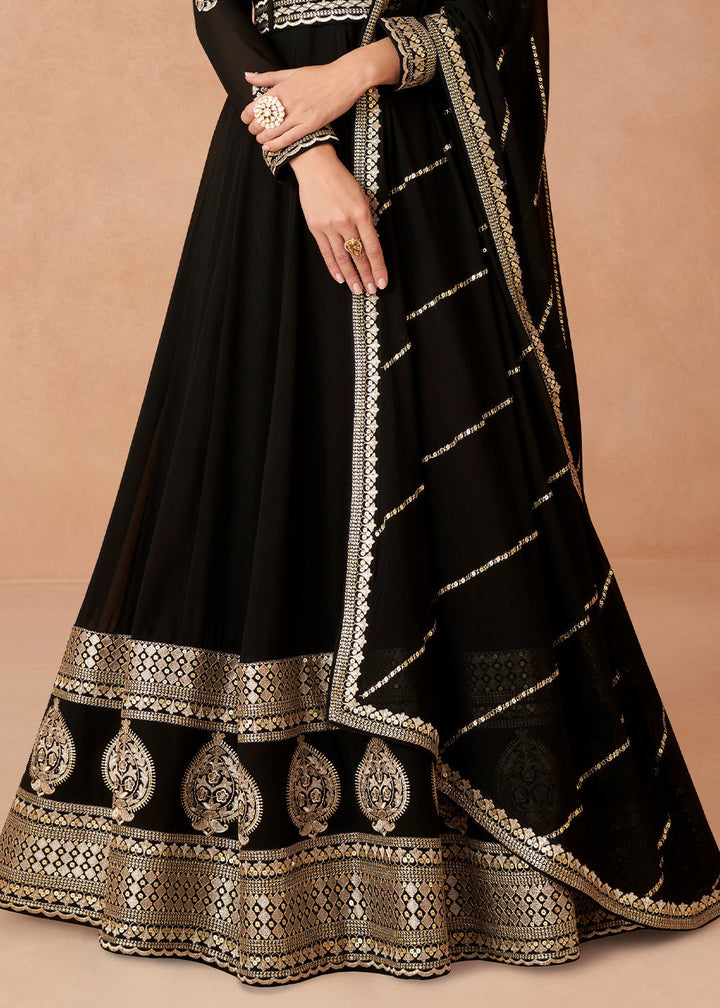 Midnight Black Designer Embroidered Georgette Anarkali Suit By Qivii