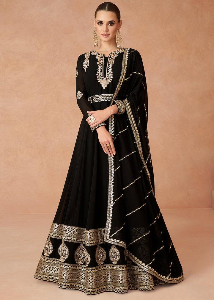 Midnight Black Designer Embroidered Georgette Anarkali Suit By Qivii