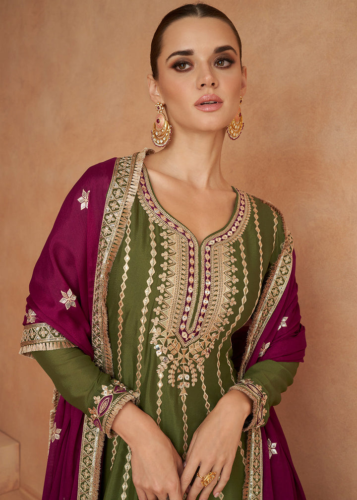 Mehendi Green Embroidered Chinon Silk Salwar Suit with Contrast Dupatta By Qivii