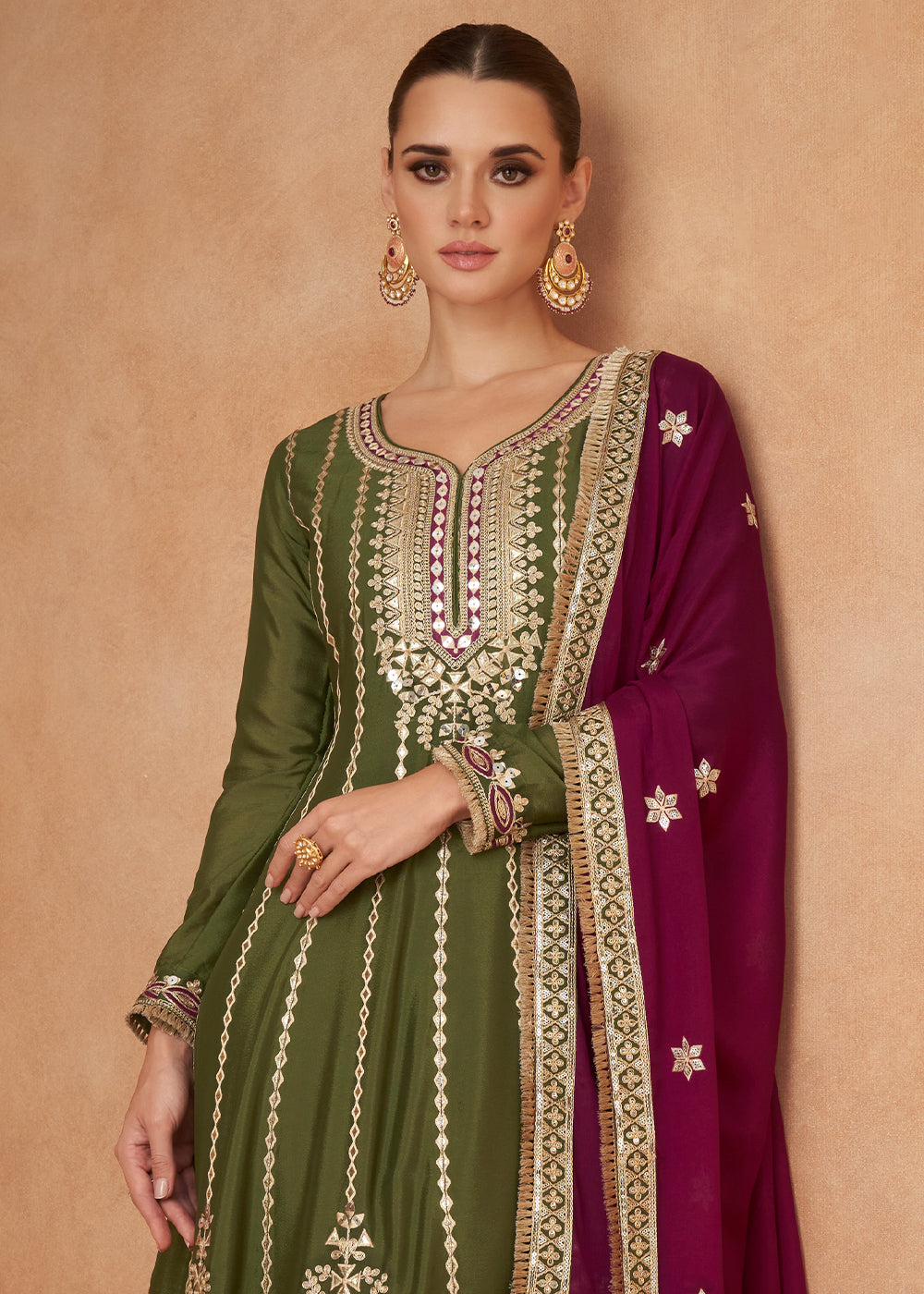 Mehendi Green Embroidered Chinon Silk Salwar Suit with Contrast Dupatta By Qivii