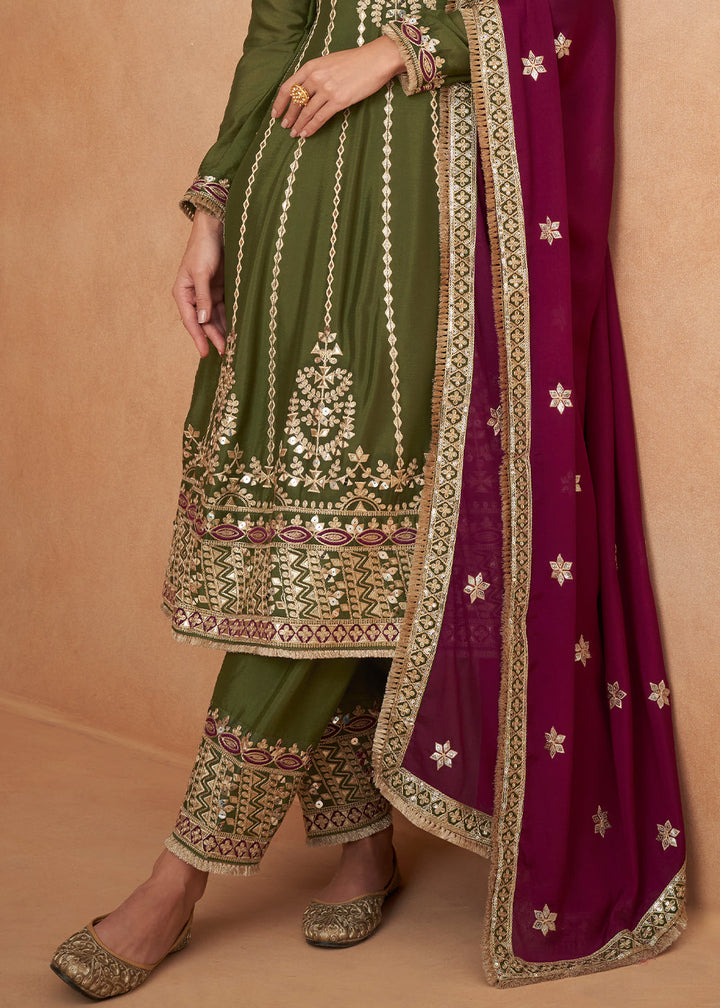 Mehendi Green Embroidered Chinon Silk Salwar Suit with Contrast Dupatta By Qivii