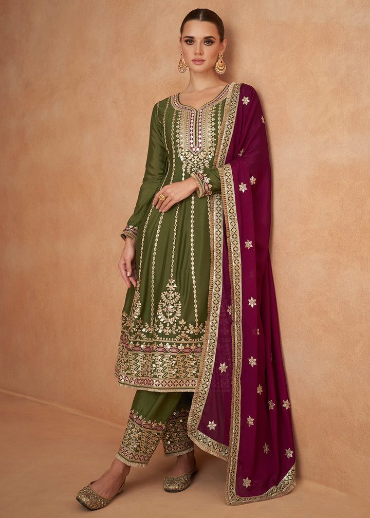 Mehendi Green Embroidered Chinon Silk Salwar Suit with Contrast Dupatta By Qivii