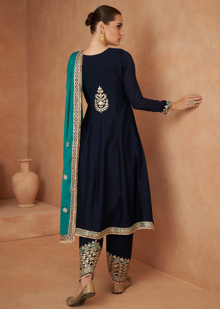 Denim Blue Embroidered Chinon Silk Salwar Suit with Contrast Dupatta By Qivii