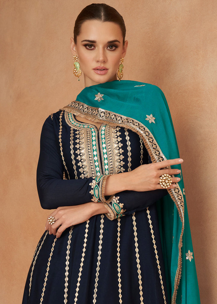 Denim Blue Embroidered Chinon Silk Salwar Suit with Contrast Dupatta By Qivii