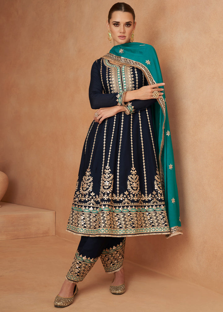 Denim Blue Embroidered Chinon Silk Salwar Suit with Contrast Dupatta By Qivii