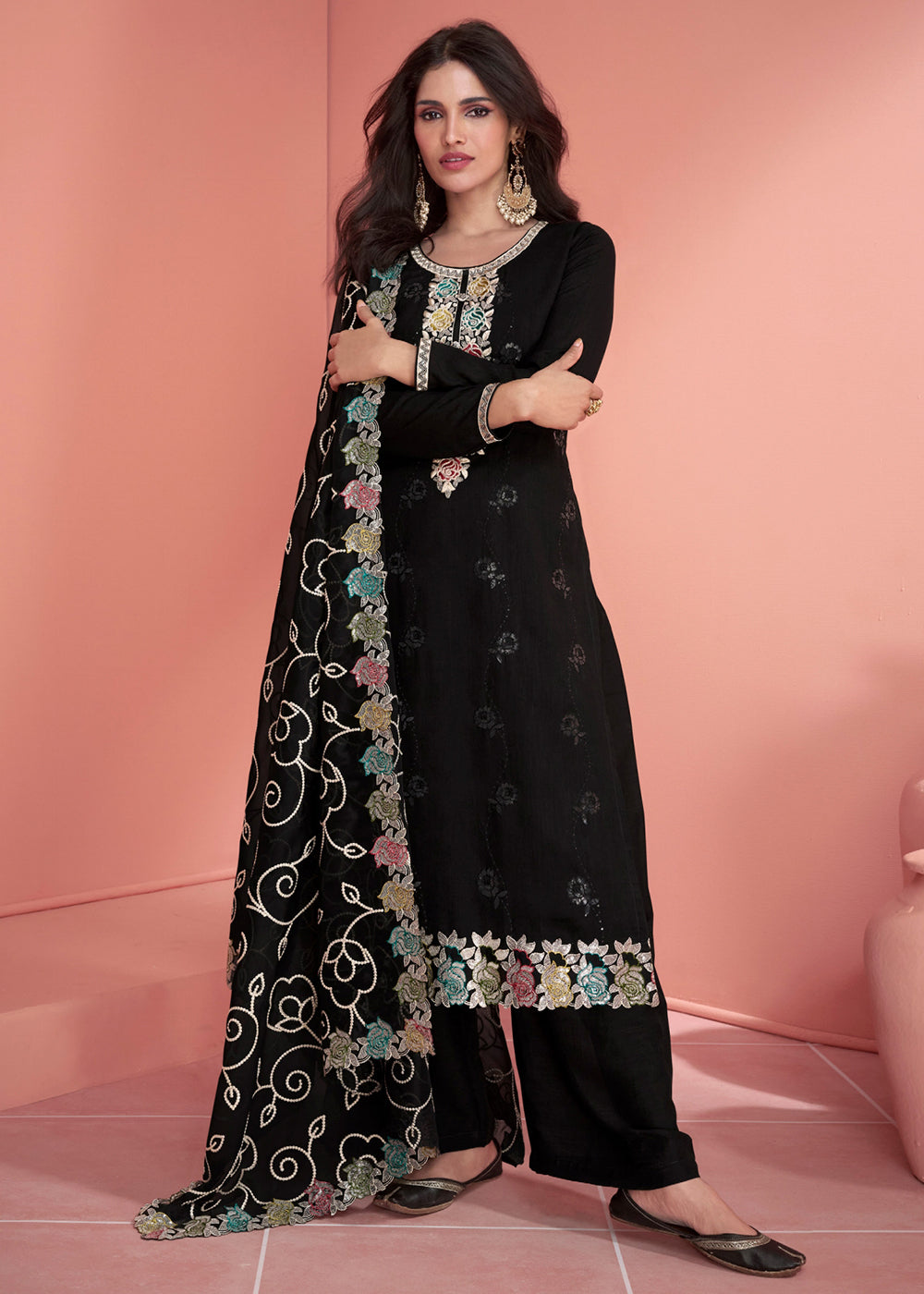 Pebble Black Embroidered Silk Salwar Suit