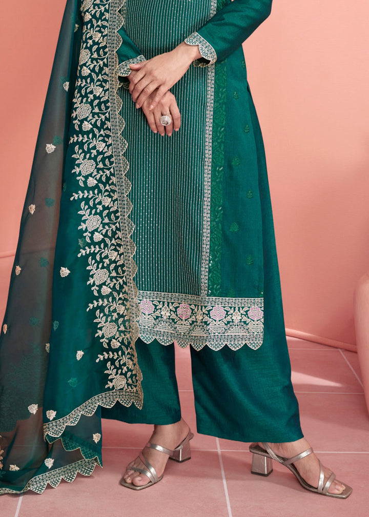 Ocean Blue Embroidered Silk Salwar Suit