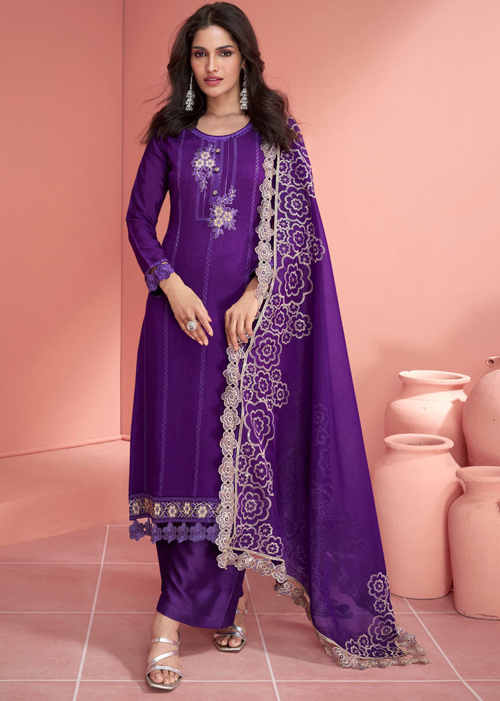 Violet Purple Purple Embroidered Silk Salwar Suit