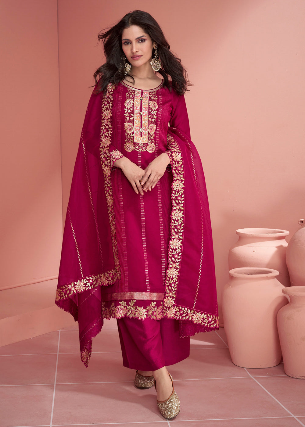 Cerise Pink Embroidered Silk Salwar Suit By Qivii