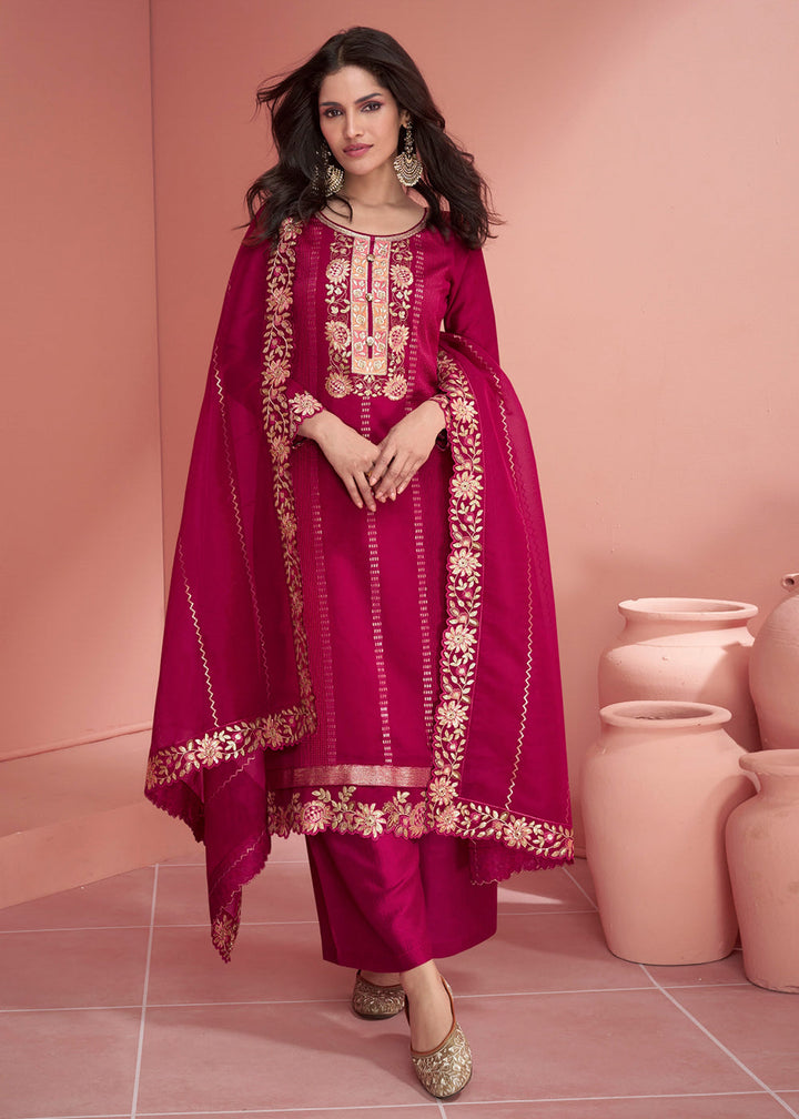 Cerise Pink Embroidered Silk Salwar Suit By Qivii