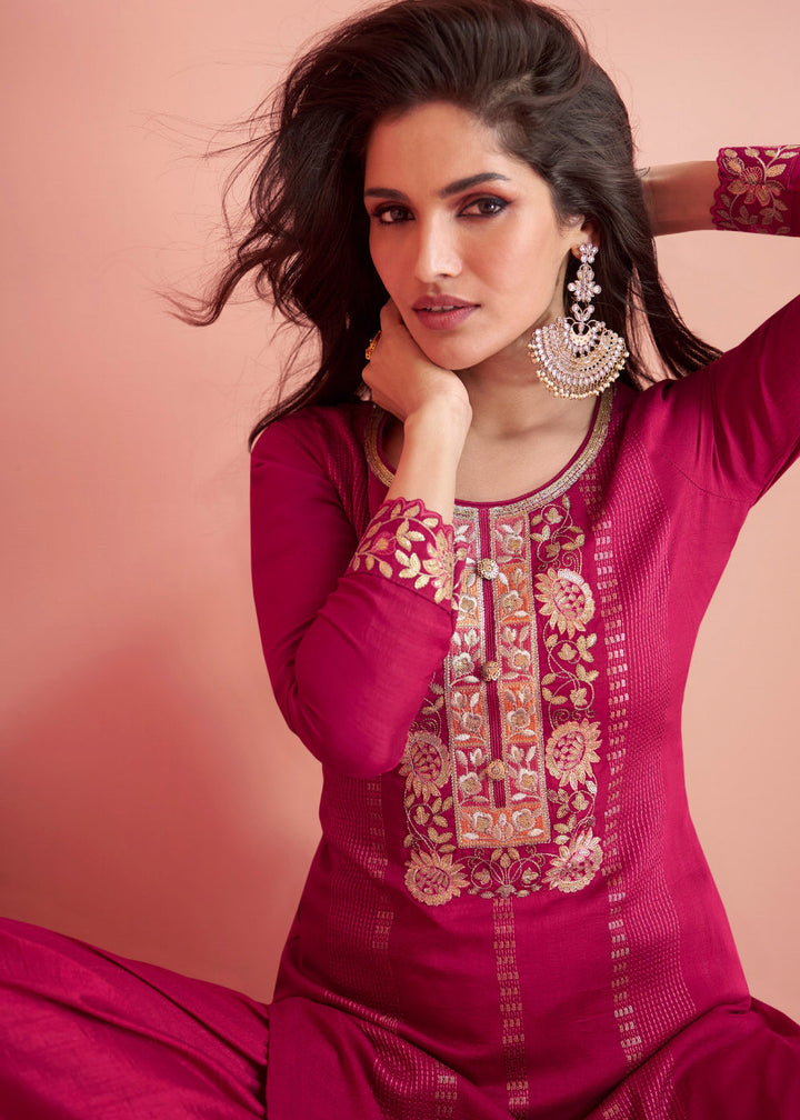 Cerise Pink Embroidered Silk Salwar Suit By Qivii