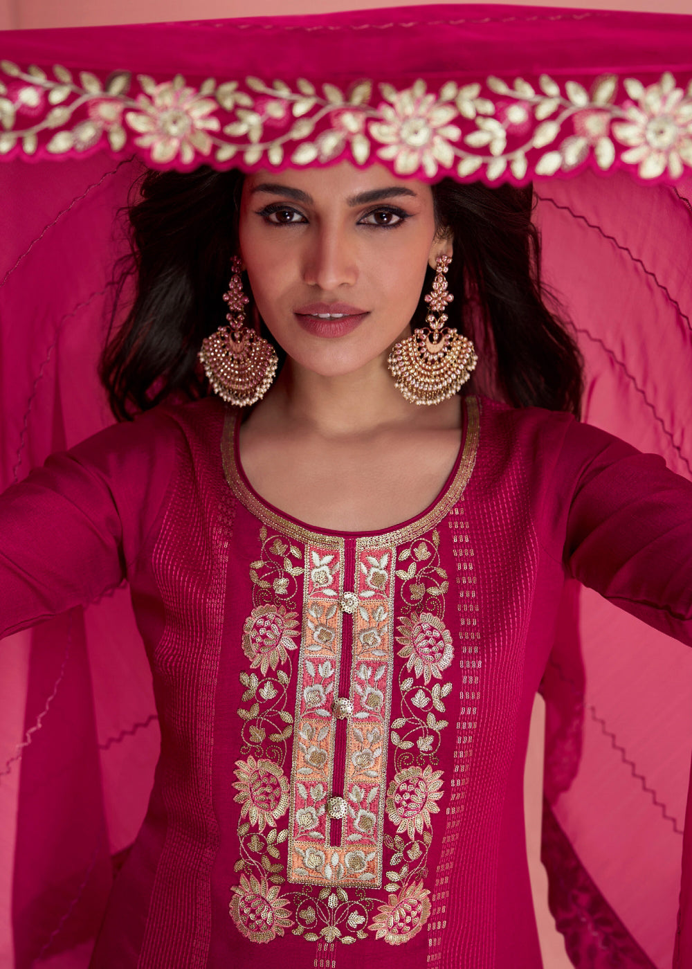 Cerise Pink Embroidered Silk Salwar Suit By Qivii