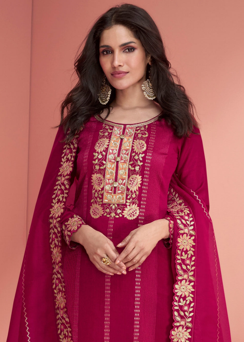 Cerise Pink Embroidered Silk Salwar Suit By Qivii