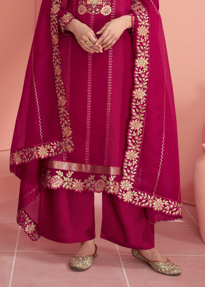 Cerise Pink Embroidered Silk Salwar Suit By Qivii