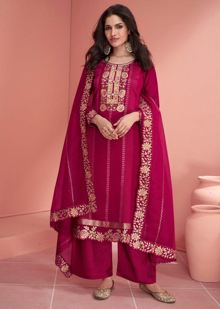 Cerise Pink Embroidered Silk Salwar Suit By Qivii