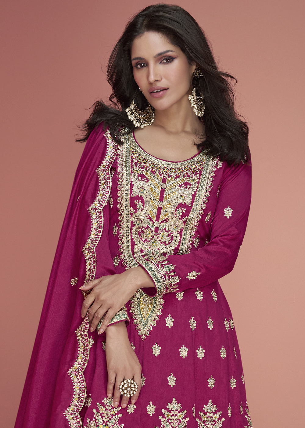 Magenta Pink Embroidered Plazzo Suit By Qivii