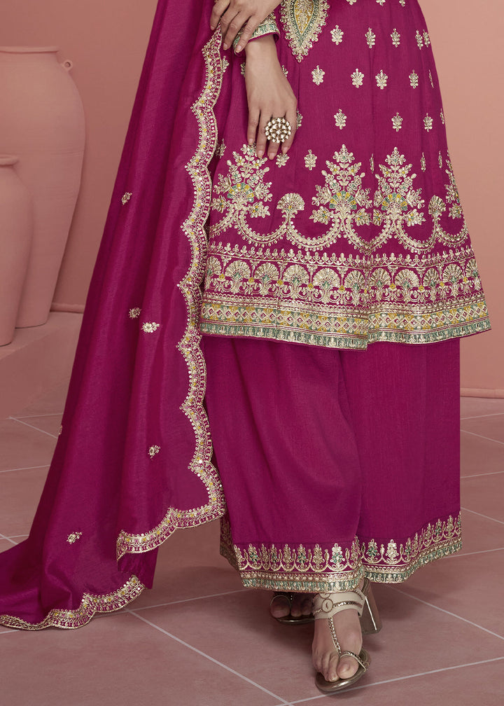 Magenta Pink Embroidered Plazzo Suit By Qivii