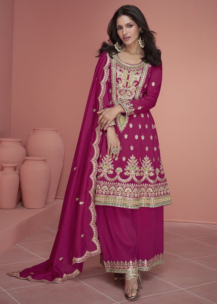 Magenta Pink Embroidered Plazzo Suit By Qivii