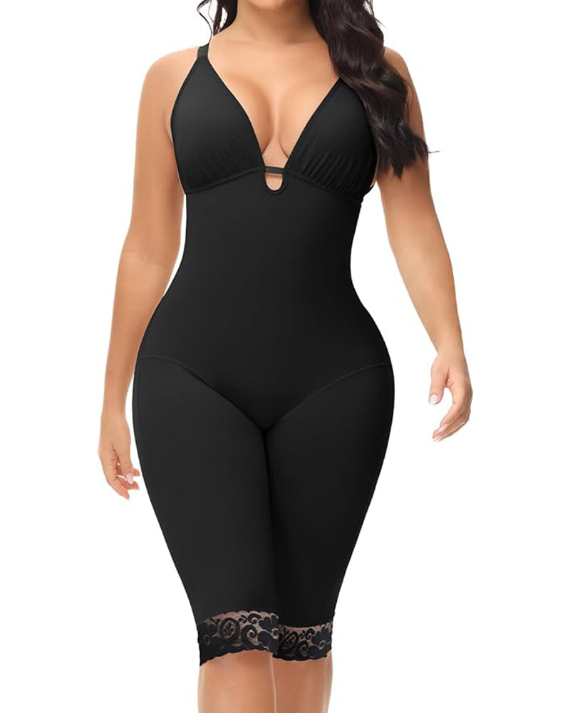 U Plunge Tummy Control Mid Thigh Bodysuit Seamless Full Body Fajas Shapewear  - By Qivii
