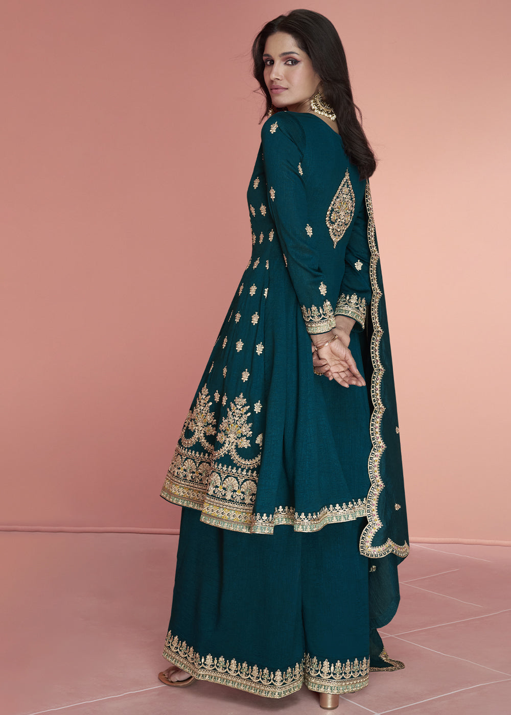 Prussian Blue Embroidered Plazzo Suit By Qivii