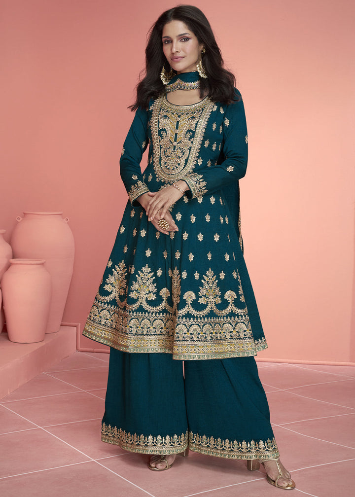 Prussian Blue Embroidered Plazzo Suit By Qivii