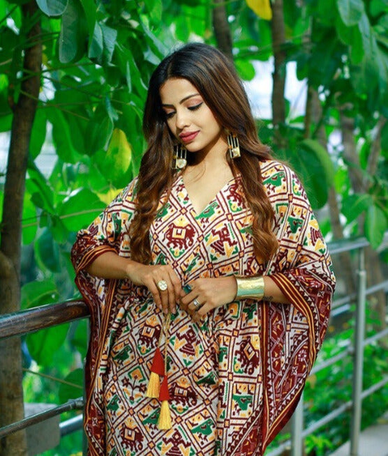 Brown Pure Gaji Silk Digital Print with Gotta Patti Lace Border also comes with tassels Kaftan Dress