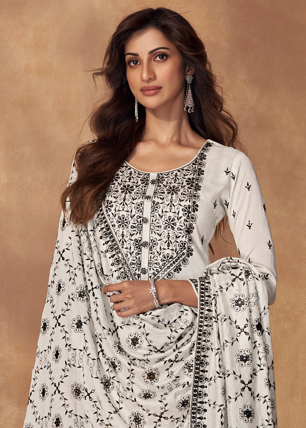 Pearl White Silk Salwar Suit with Embroidery work By Qivii