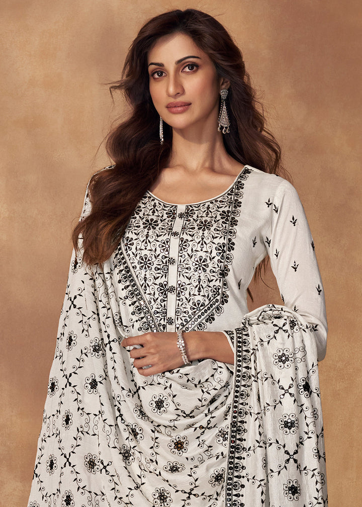 Pearl White Silk Salwar Suit with Embroidery work