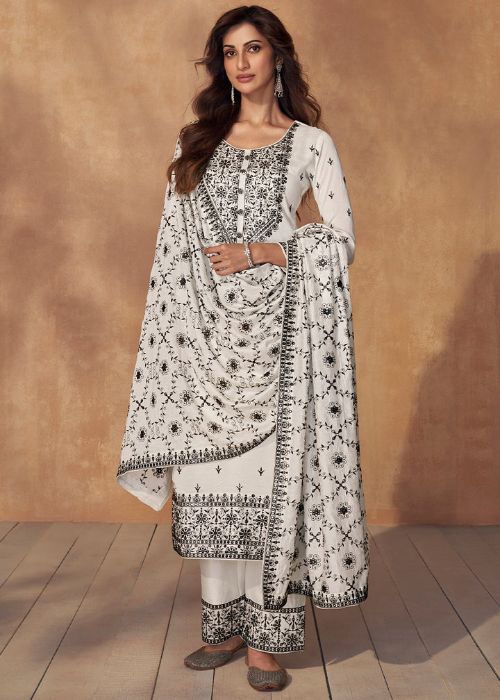 Pearl White Silk Salwar Suit with Embroidery work By Qivii