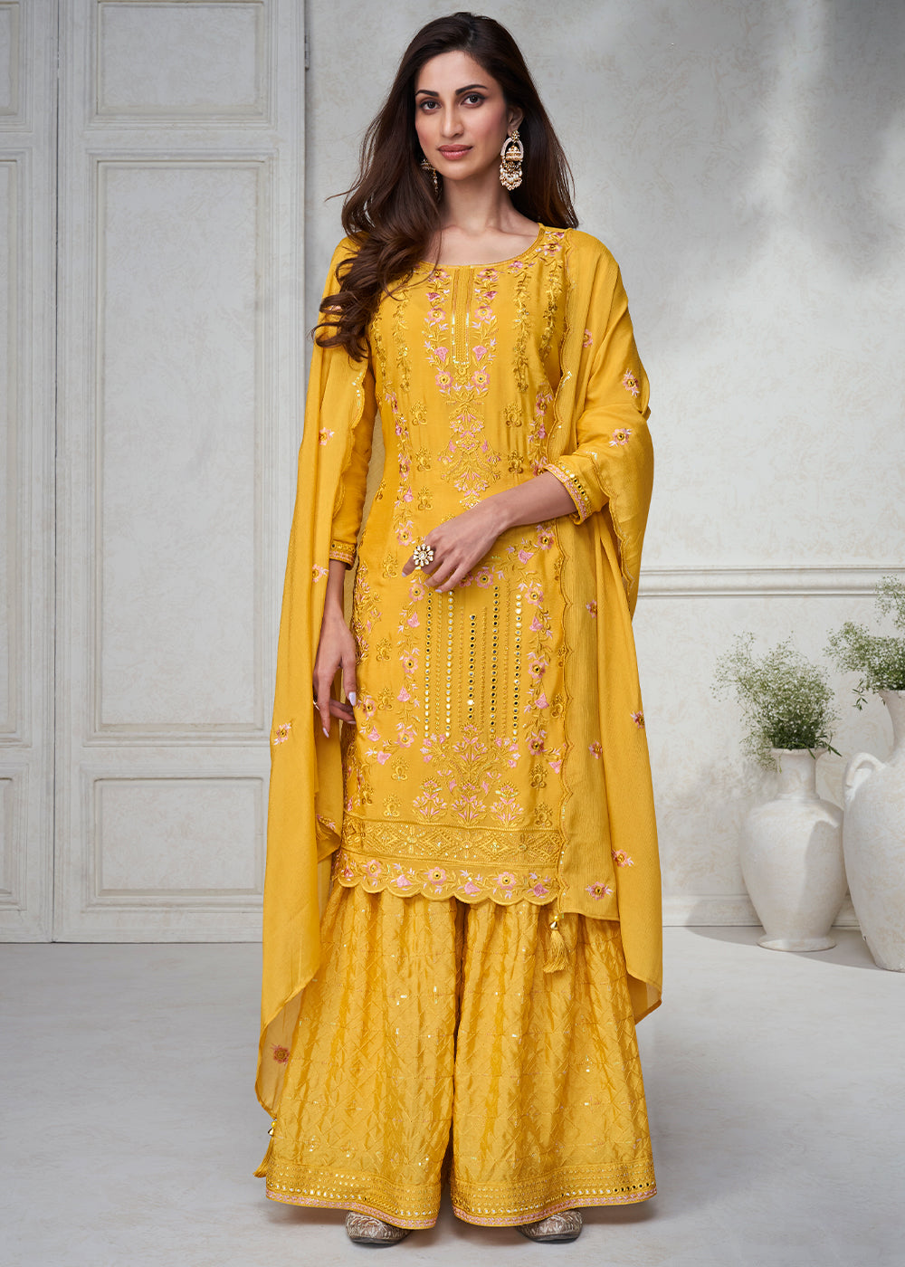 Tuscany Yellow Embroidered Chinon Silk Plazzo Suit By Qivii