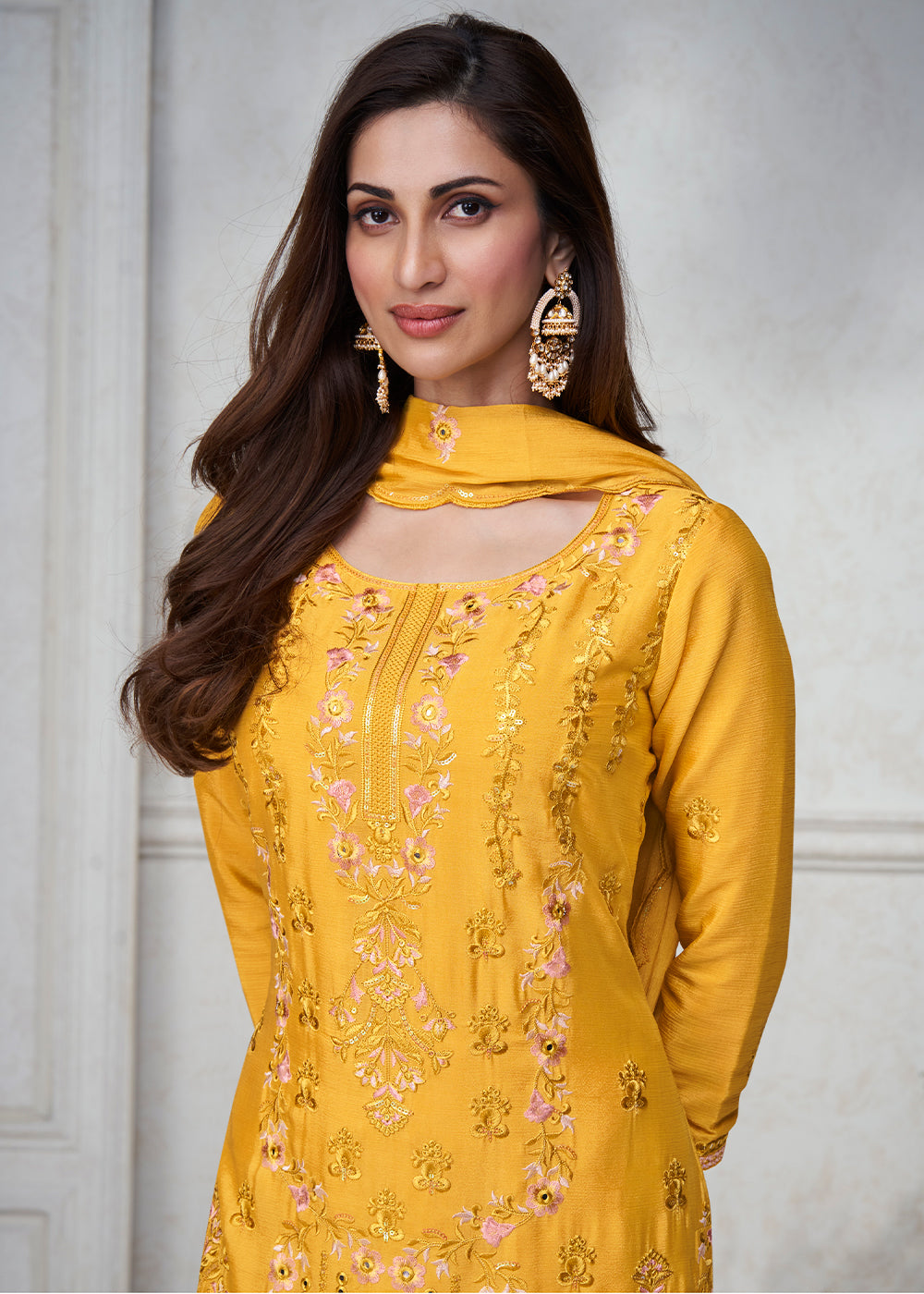 Tuscany Yellow Embroidered Chinon Silk Plazzo Suit By Qivii