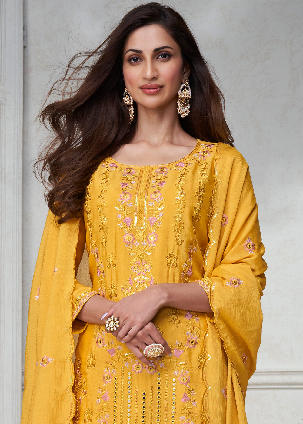 Tuscany Yellow Embroidered Chinon Silk Plazzo Suit By Qivii