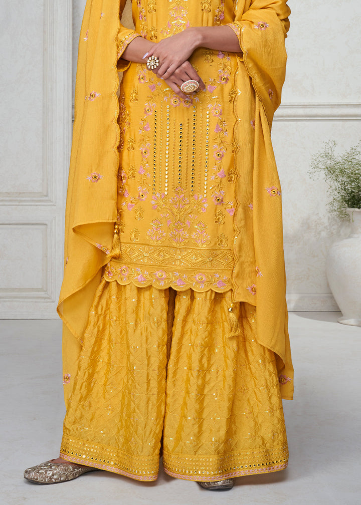 Tuscany Yellow Embroidered Chinon Silk Plazzo Suit By Qivii