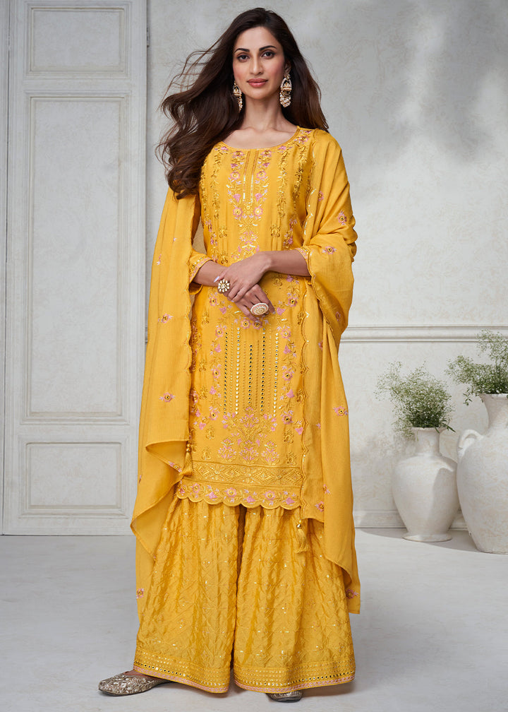 Tuscany Yellow Embroidered Chinon Silk Plazzo Suit By Qivii