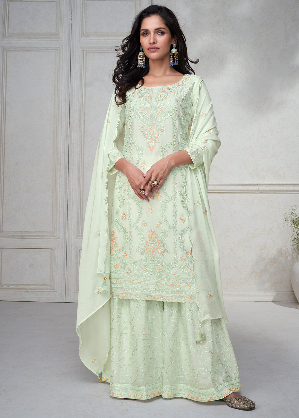 Tea Green Embroidered Chinon Silk Plazzo Suit By Qivii