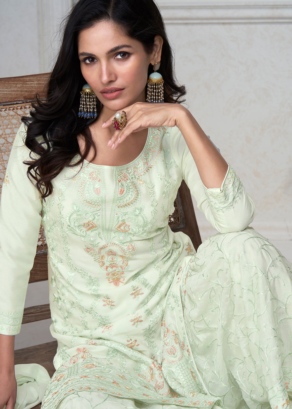 Tea Green Embroidered Chinon Silk Plazzo Suit By Qivii