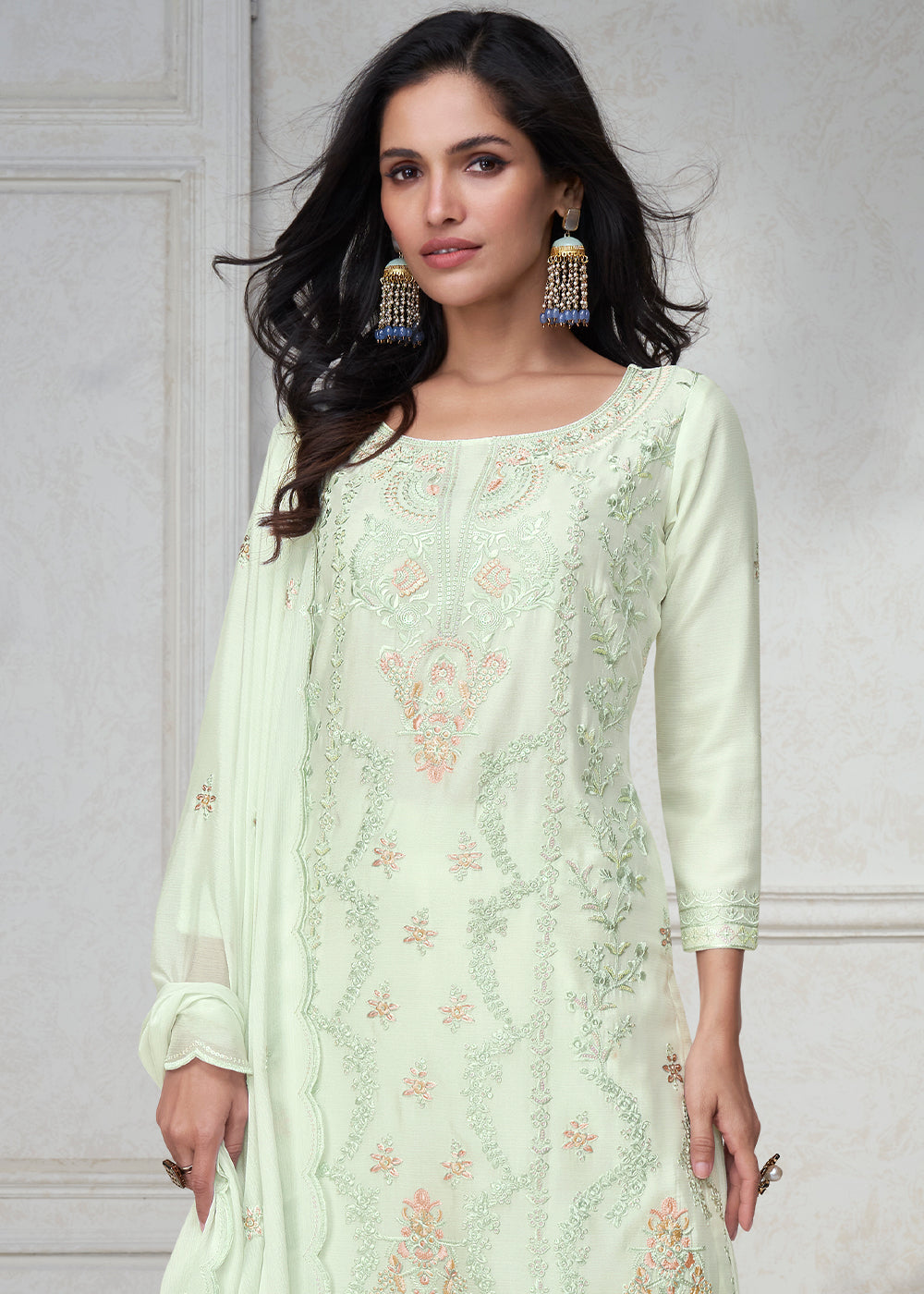 Tea Green Embroidered Chinon Silk Plazzo Suit By Qivii