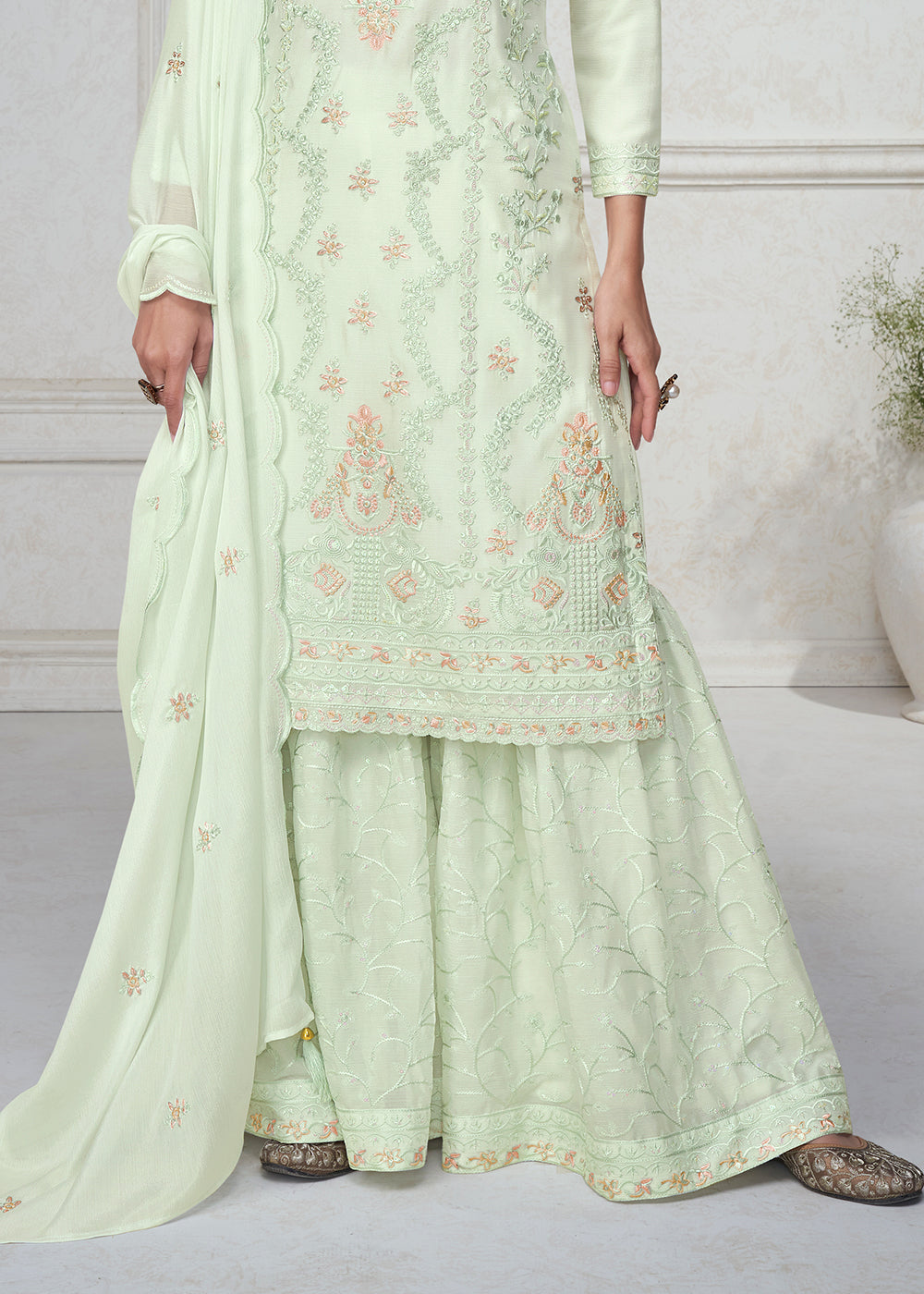 Tea Green Embroidered Chinon Silk Plazzo Suit By Qivii