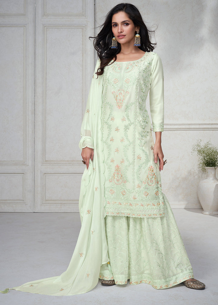 Tea Green Embroidered Chinon Silk Plazzo Suit By Qivii